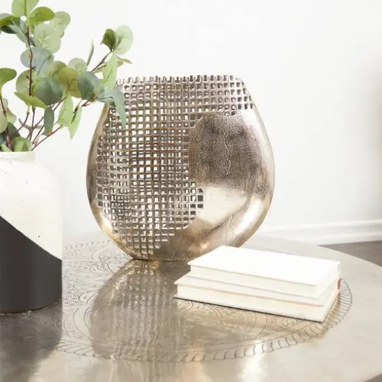 15" Dark Gray Aluminum Grid Inspired Abstract Vase with Open Frame Design {7}