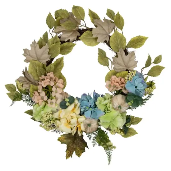 22" Green & Blue Floral & Gourds Thanksgiving Artificial Wreath {1}