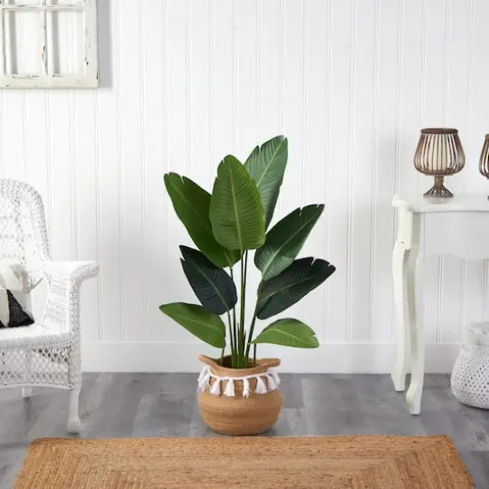 4ft. Travelers Palm Artificial Tree in Boho Chic Handmade Natural Cotton Woven Planter with Tassels {4}