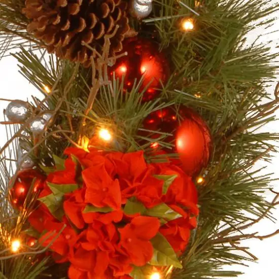 24" Decorative Collection Hydrangea Wreath with Cones, Red Berries & 50ct. Soft White Battery Operated LED Lights with Timer {4}