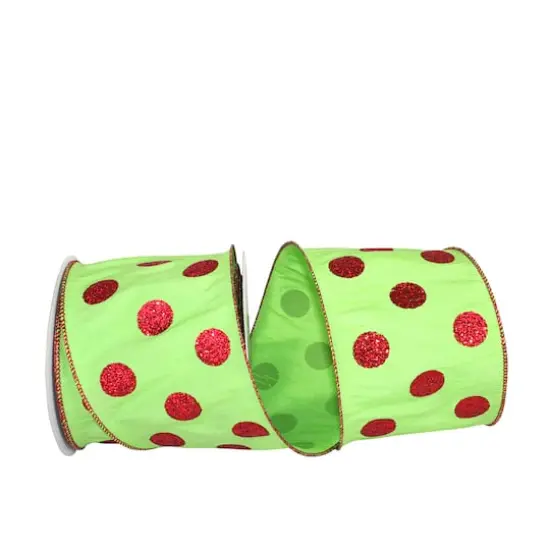 JAM Paper 4" x 10yd. Dupioni Glitter Dots Wired Ribbon Lime/Red {1}