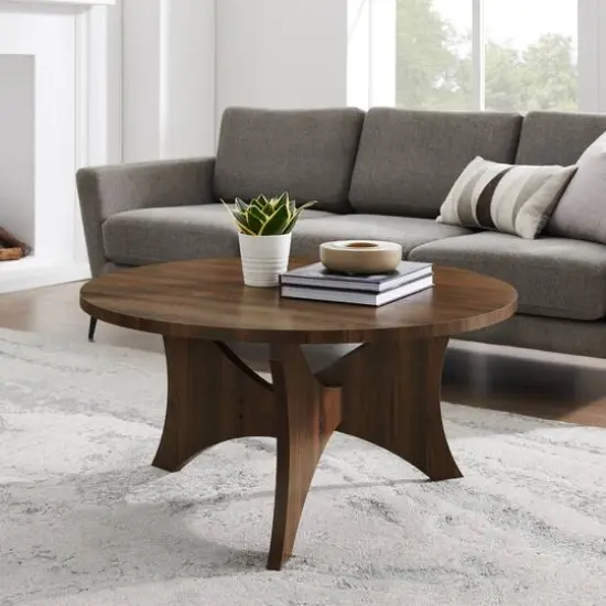 36" Dark Walnut Mid Century 3-Leg Round Coffee Table {4}