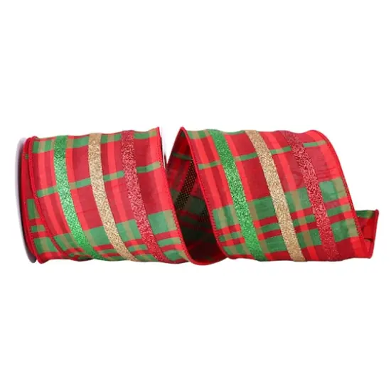 JAM Paper 4" x 10yd. Dupioni Wired Edge Glitter Plaid Ribbon {1}