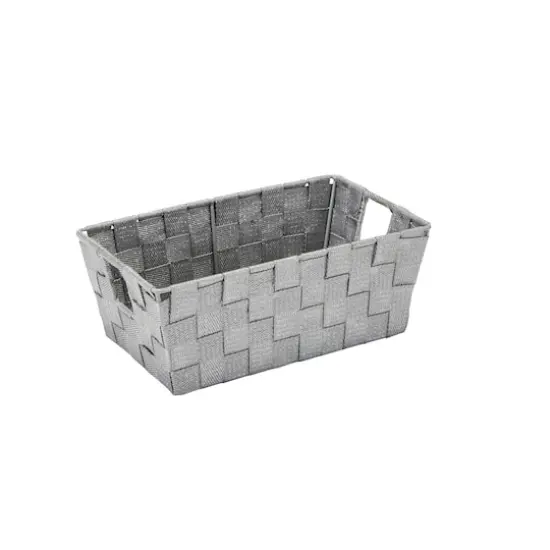 Simplify Small Gray/Silver Lurex Striped Woven Storage Bin {1}