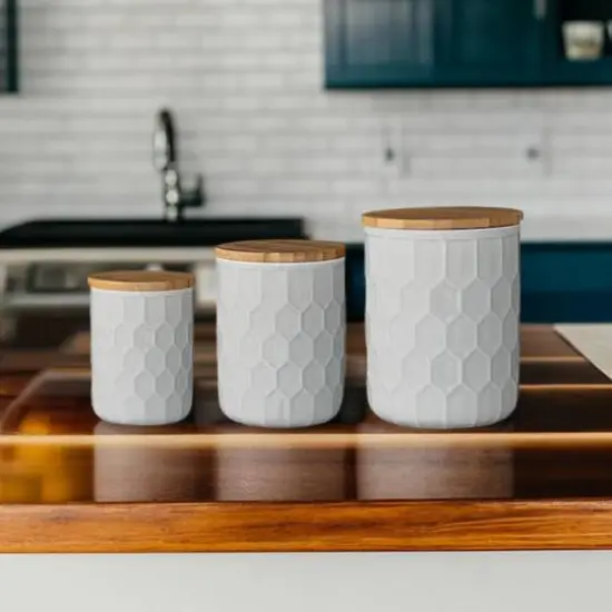 Hello Honey&reg; Stoneware Canister Set with Bamboo Lids White {2}