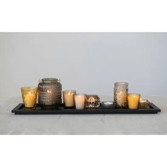 Hello Honey&reg; Embossed Glass Votive Holders with Black Finish Wood Tray Set {4}