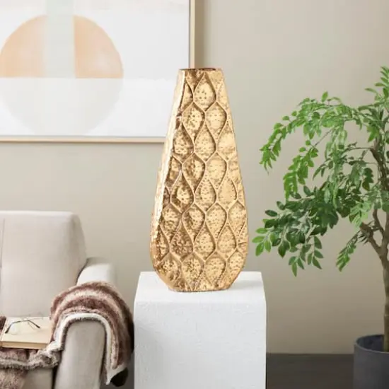 28" Gold Metal Vase with Peacock Inspired Design {3}