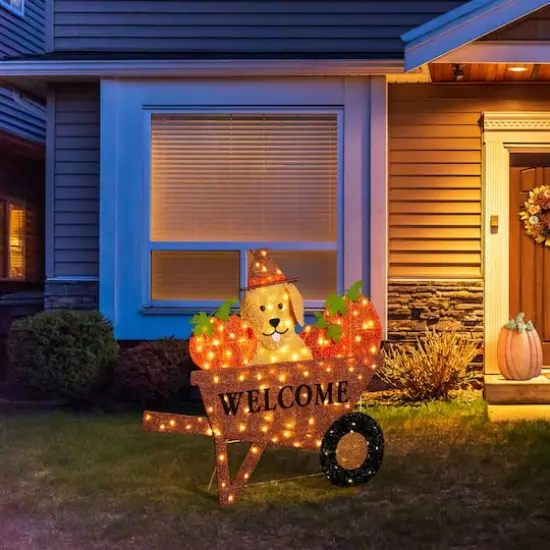 Glitzhome&reg; 36.25" Lighted Fall Pumpkin Wheel Barrow Outdoor Decor with Warm White LED Lights {3}