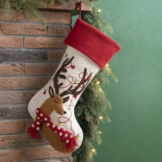 Glitzhome&reg; 21" LED Embroidered Reindeer Linen Christmas Stocking {3}