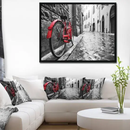 Designart - Retro Vintage Red Bike - Cityscape Photo Framed Canvas Art Print Black {6}