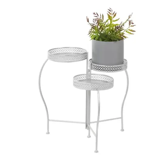 20" Metal Curved Folding 3-Tier Plant Stand with Floral & Scroll Patterns Silver {1}