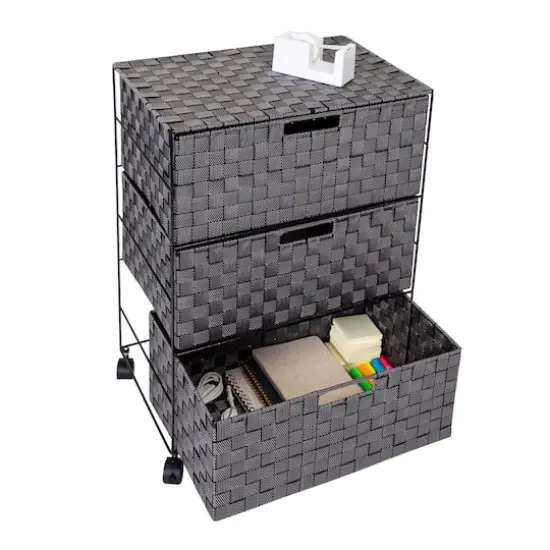 Honey Can Do 26" Black Three-Drawer Woven Home Office Organizer with Wheels {4}