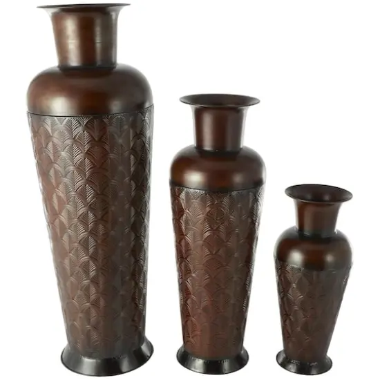 Dark Brown Metal Tall Vase Set with Geometric Designs {1}