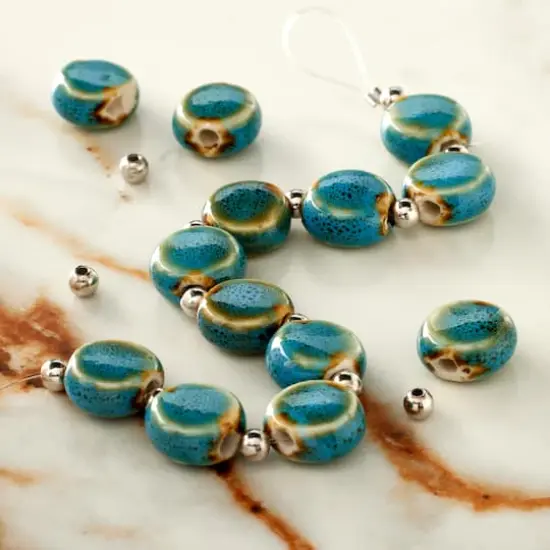 Teal Reactive Glaze Ceramic Flat Round Beads, 11mm by Bead Landing&trade; {3}