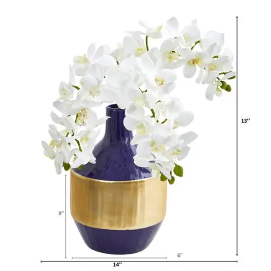 13" Moth Orchid Arrangement in Blue & Gold Vase White {3}