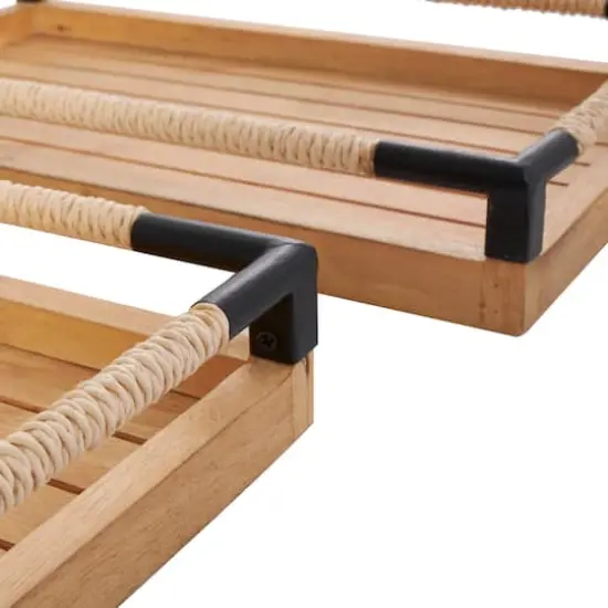 Brown Wood Slatted Tray with Elevated Woven Sides & Black Metal Corners Set {5}
