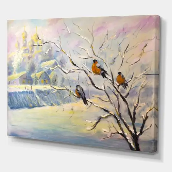 Designart - Rustic Birds On A Tree In Winter Village - Farmhouse Canvas Wall Art Print {1}