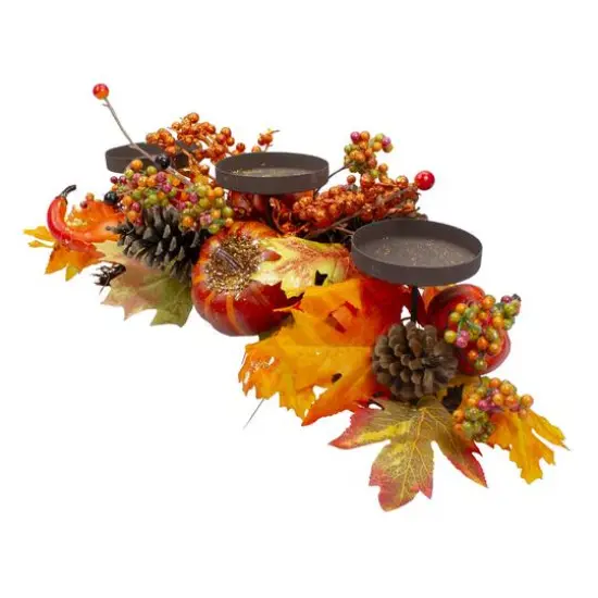 21" Orange Fall Harvest Leaves & Pumpkins Candle Holder {4}