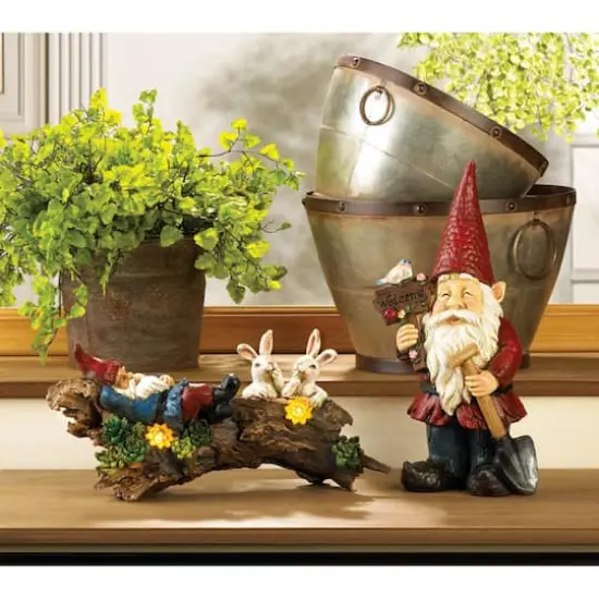15" Welcome Gnome Solar Garden Statue {4}
