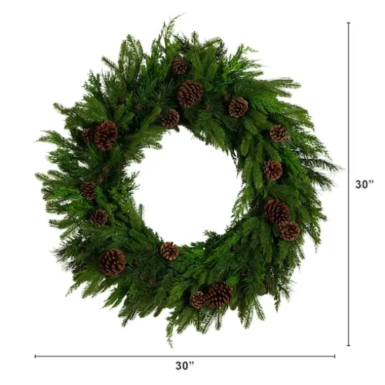 30in. Artificial Norfolk Mixed Pine Wreath with Pinecones {3}