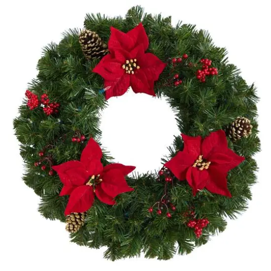 24" White LED Lights Poinsettia, Berry & Pinecone Artificial Wreath {4}