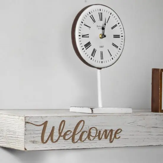 Whitewashed "Welcome" Text Engraving Floating Wall Shelf {4}