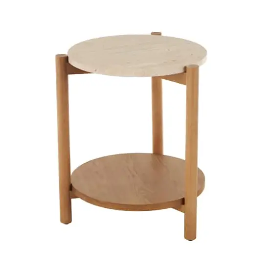 20.25" Brown Wood Handmade Round Side End Accent Table with Beige Marble Top {4}