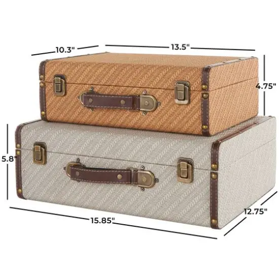 Taupe & Brown Vintage-Style Studded Woven Decorative Trunk Set {5}