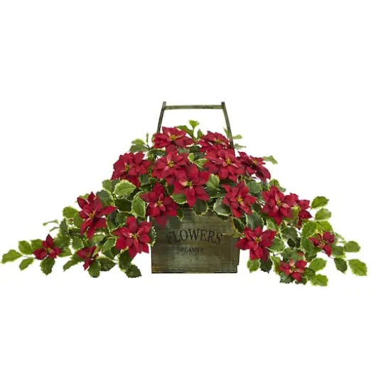 18&rdquo; Red Poinsettia & Variegated Holly Artificial Plant in Vintage Decorative Basket {1}