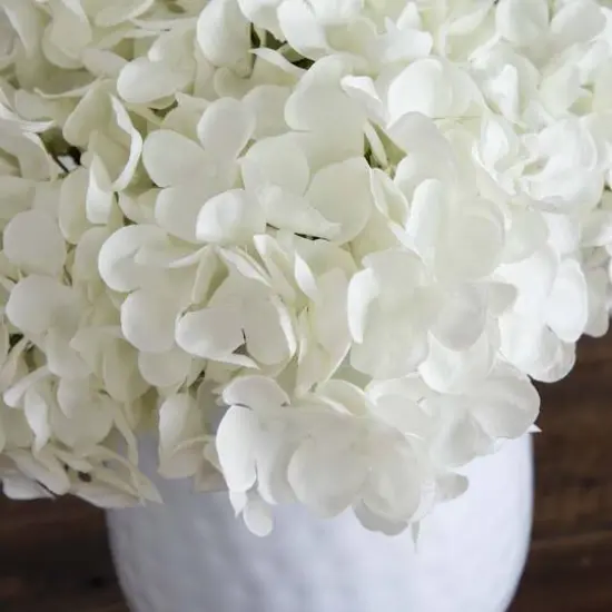 11" White Hydrangea Arrangement in White Metal Vase {4}