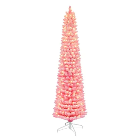 7.5ft. Pre-Lit Fashion Pink Flocked Artificial Christmas Tree, Clear Incandescent Lights {1}