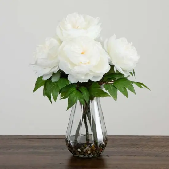 16" White Peony Arrangement in Glass Vase {5}
