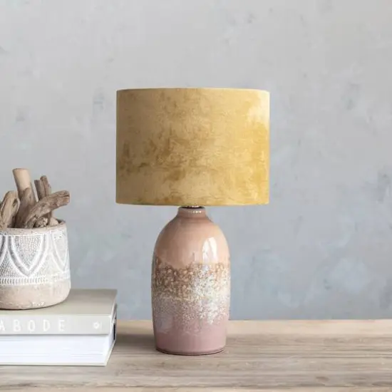 Hello Honey&reg; 16.5" Pink Reactive Glaze Round Stoneware Table Lamp with Mustard Velvet Shade {3}