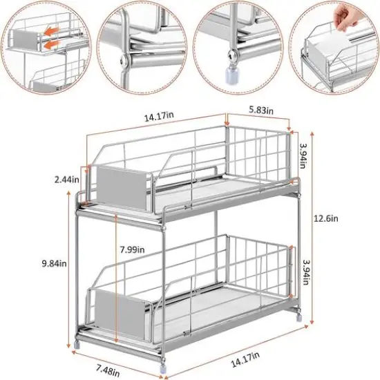 NEX™ 14" 2-Tier Under Sink Rack Organizer with Sliding Drawers, 2ct. Silver {8}