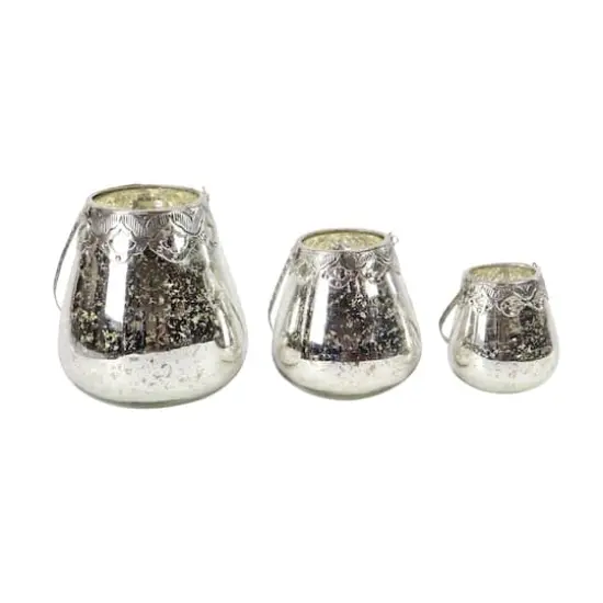 Set of 3 Silver Glass Glam Candle Holder, 5", 7", 9" {1}