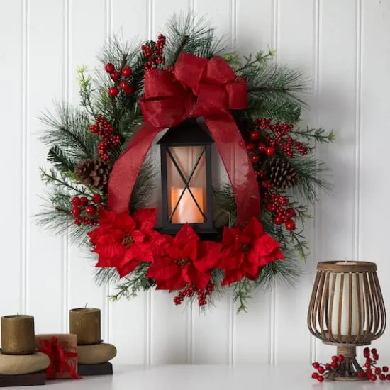 28" Poinsettia & Berry Holiday Lantern Christmas Wreath with LED Candle {4}