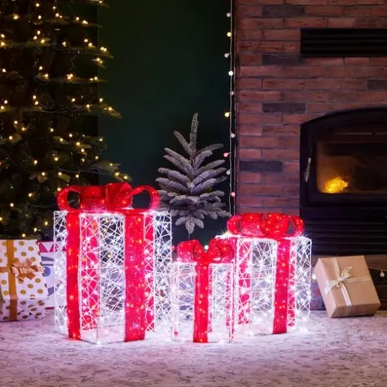 Glitzhome&reg; Lighted Christmas Crystal White 3D Giftbox Outdoor D&eacute;cor Set {3}