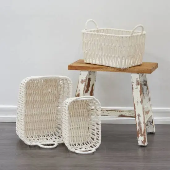 White Cotton Handmade Storage Basket with Handles Set of 3 11", 10", 9" {7}
