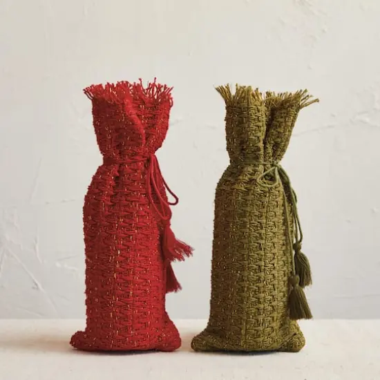 Hello Honey Green & Red Woven Cotton Wine Bag with Metallic Gold Thread & Tassels, 2ct. {3}