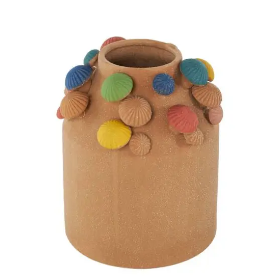 10" Brown with Multicolor Mushrooms & White Speckles Wide Ceramic Decorative Vase {7}