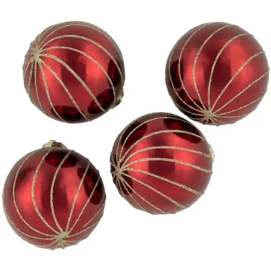 4ct. 3" Burgundy Red and Gold Glitter Striped Glass Christmas Ball Ornaments {5}
