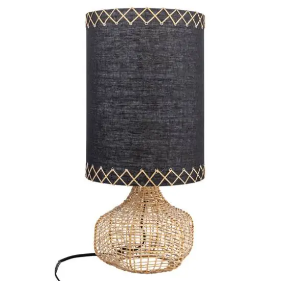 Hello Honey&reg; 21.5" Natural and Black Boho Woven Cane Table Lamp with Linen Shade {9}