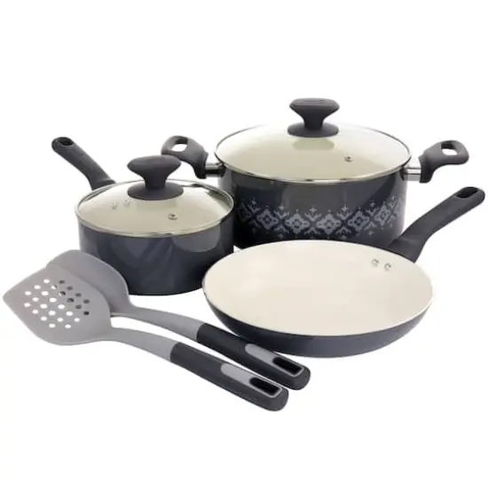 Spice by Tia Mowry Savory Saffron Gray 7 Piece Ceramic Nonstick Aluminum Cookware Set with Nylon Utensils {1}