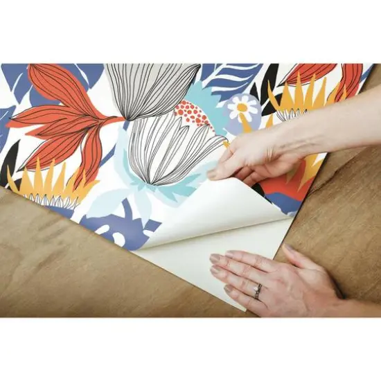 RoomMates Retro Tropical Leaves Peel & Stick Wallpaper Blue and Yellow {10}