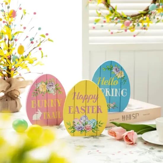 Glitzhome&reg; 7.5" Set of 3 Easter Wooden Easter Egg Table Decor {4}