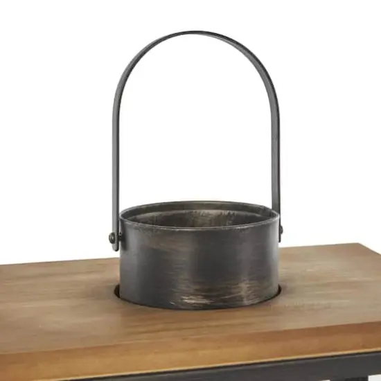 Dark Gray Brushed & Wood Top Rectangular Candle Lantern Set {5}