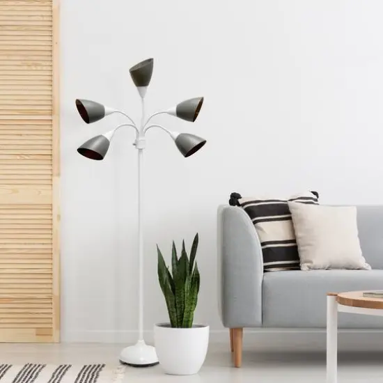 Simple Designs&trade; 5.6ft. 5-Light Gooseneck White Floor Lamp Gray Shades {6}