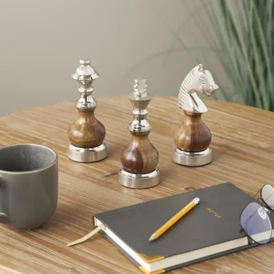 6" Silver Aluminum Metal Chess Sculpture with Round Wood Centers, 3ct. {9}