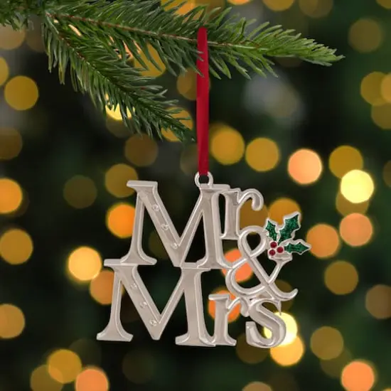 3.75" Silver "Mr & Mrs" with Holly Leaves Ornament {3}