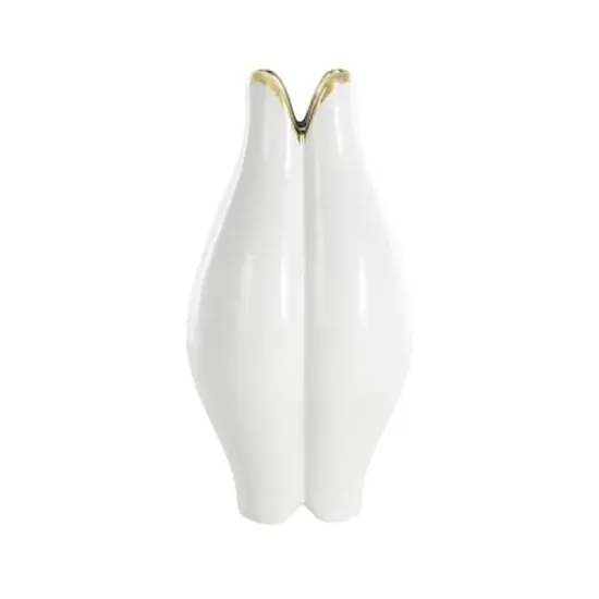 White Ceramic Dimensional Tulip Shaped Vase with Metallic Gold Rim {3}